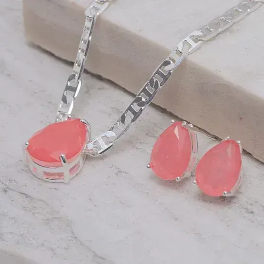 CONJUNTO GOTA CRISTAL SALMÃO CORRENTE PIASTRINE BANHO PRATA