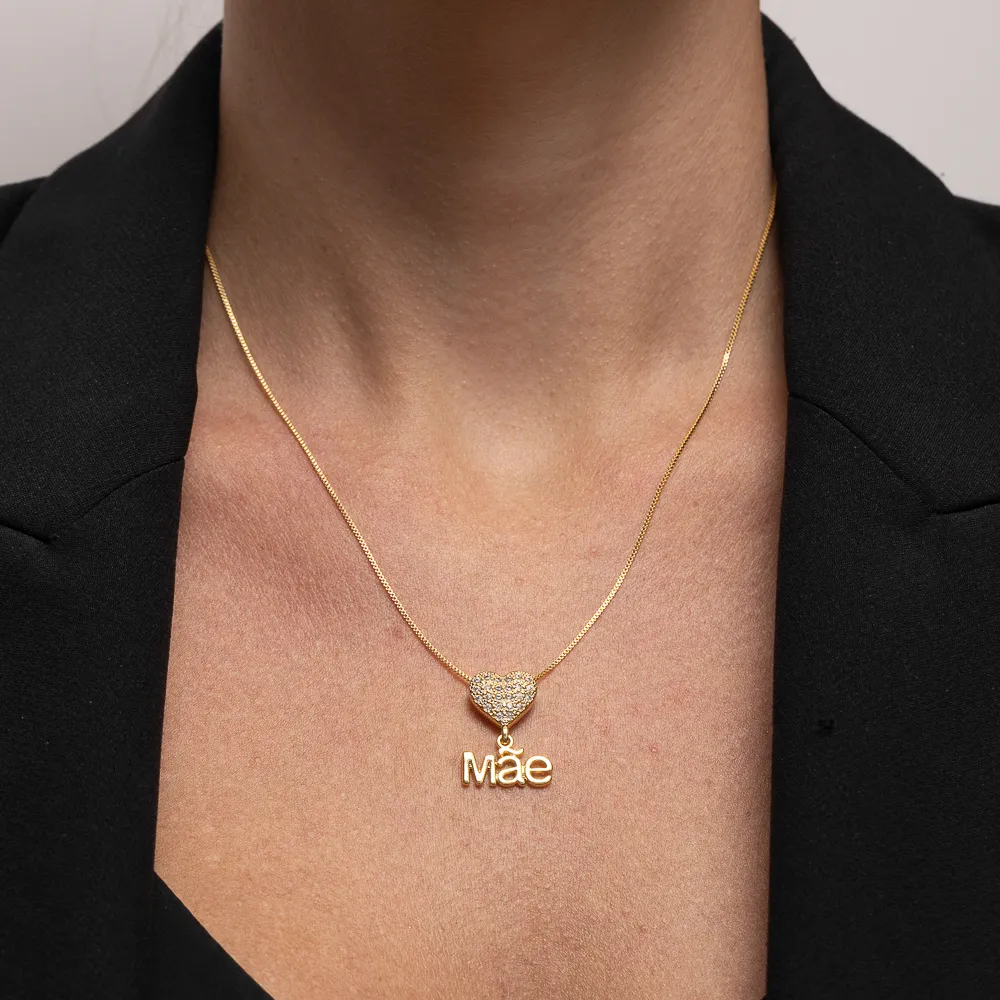 COLAR MÃE COM CORAÇÃO CRAVEJADO BANHO OURO 18K