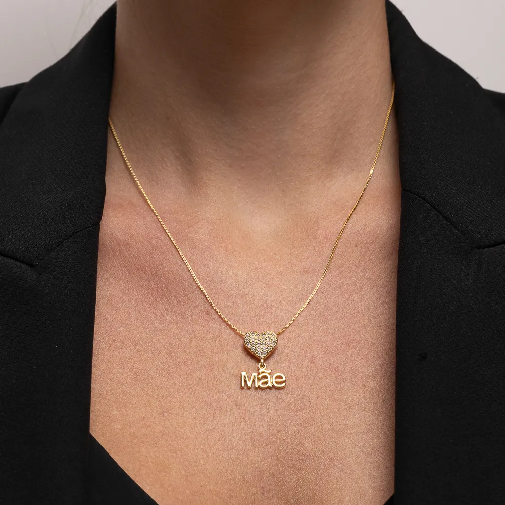 COLAR MÃE COM CORAÇÃO CRAVEJADO BANHO OURO 18K