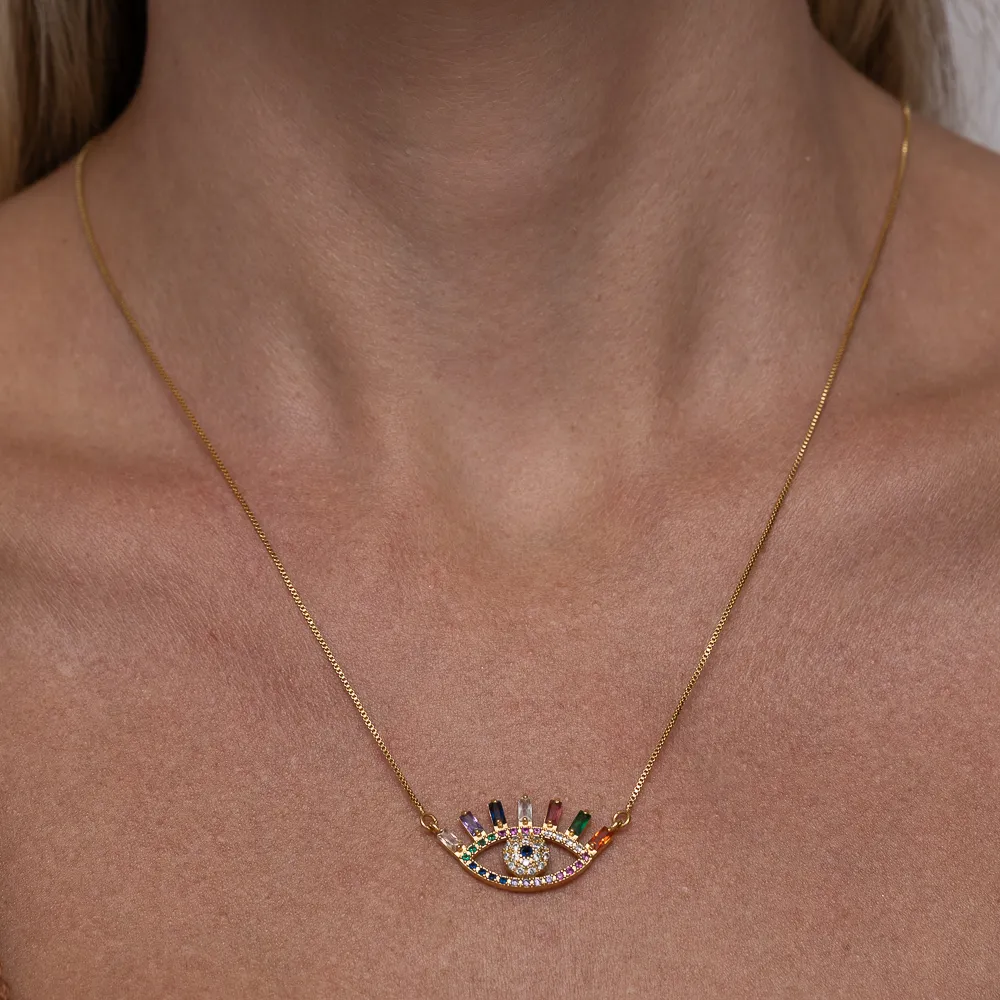 COLAR OLHO GREGO COM ZIRCÔNIAS COLORIDAS BANHO OURO 18K
