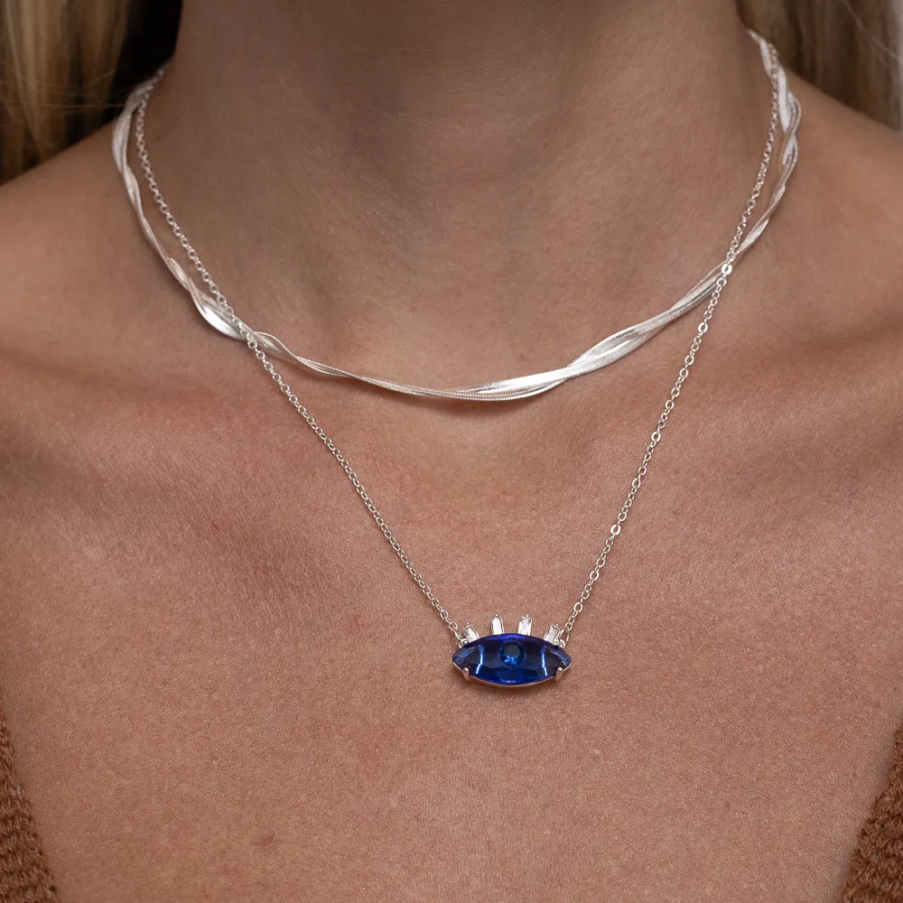 COLAR OLHO GREGO COM PEDRA AZUL ROYAL BANHO PRATA
