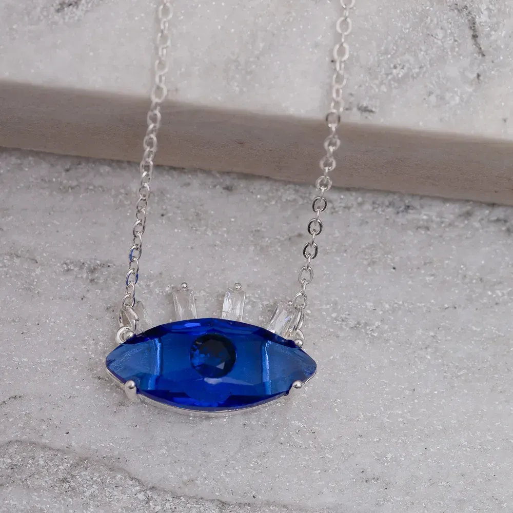 COLAR OLHO GREGO COM PEDRA AZUL ROYAL BANHO PRATA