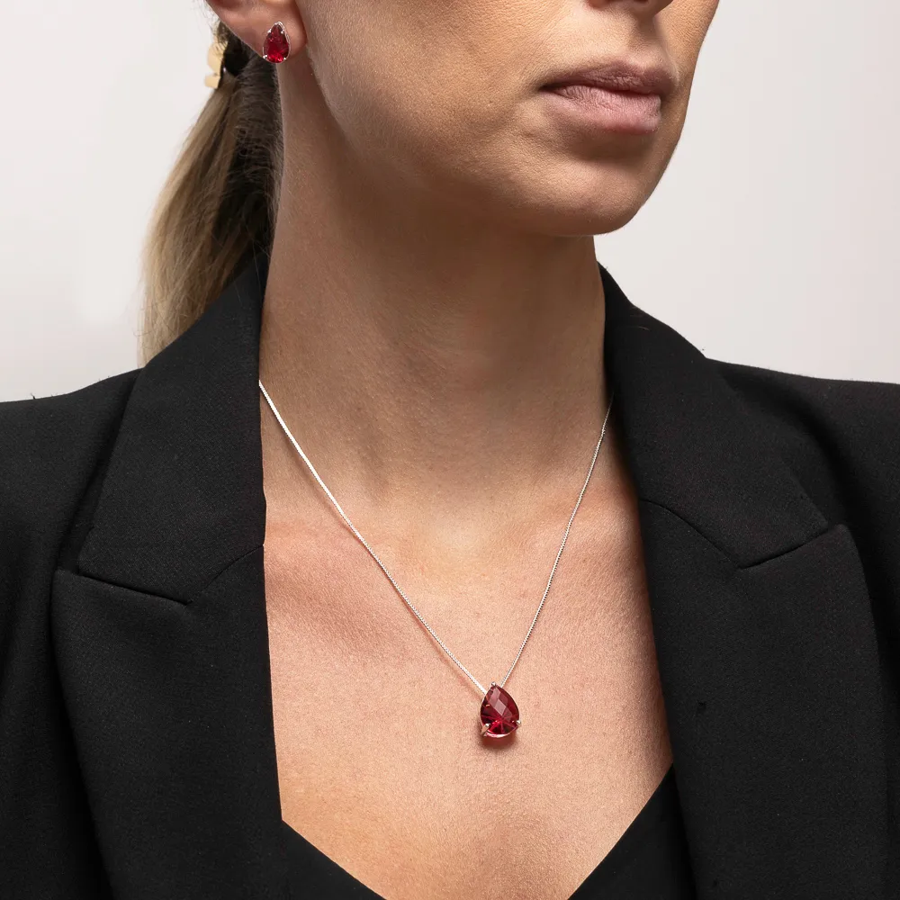 CONJUNTO GOTA COM PEDRA VERMELHO RUBI BANHO OURO 18K