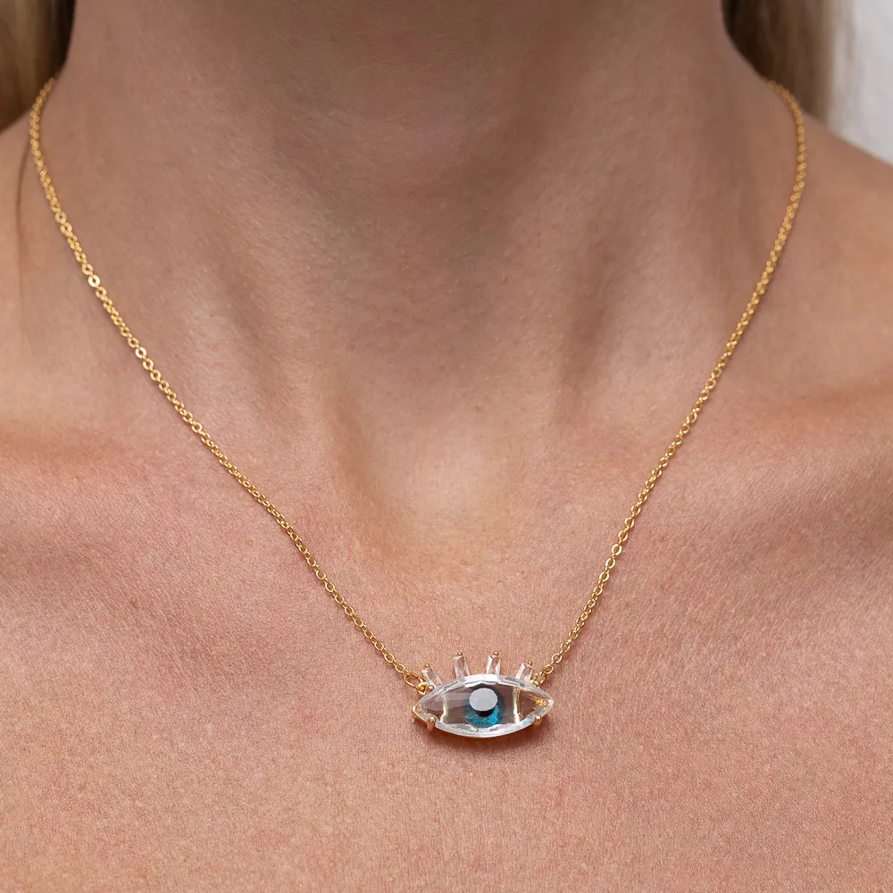 COLAR OLHO GREGO COM PEDRA CRISTAL E VERDE  BANHO OURO 18K