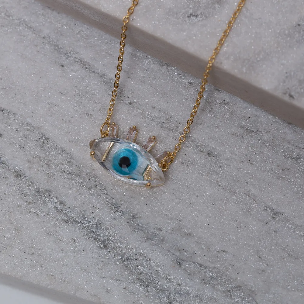 COLAR OLHO GREGO COM PEDRA CRISTAL E VERDE  BANHO OURO 18K