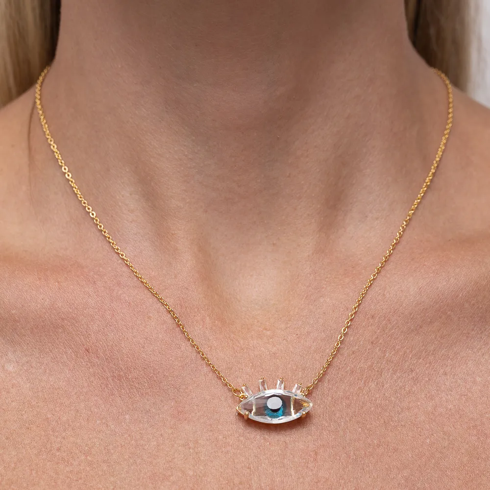 COLAR OLHO GREGO COM PEDRA CRISTAL E VERDE  BANHO OURO 18K