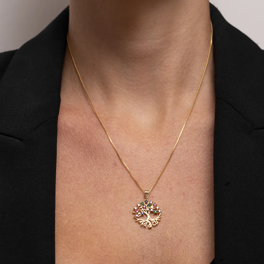 COLAR ÁRVORE DA VIDA COM ZIRCÔNIAS COLORIDAS BANHO OURO 18K