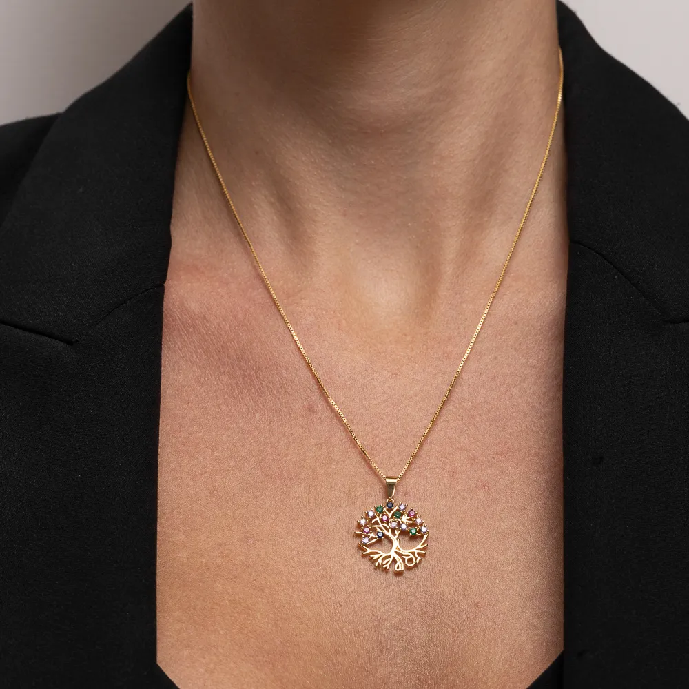 COLAR ÁRVORE DA VIDA COM ZIRCÔNIAS COLORIDAS BANHO OURO 18K