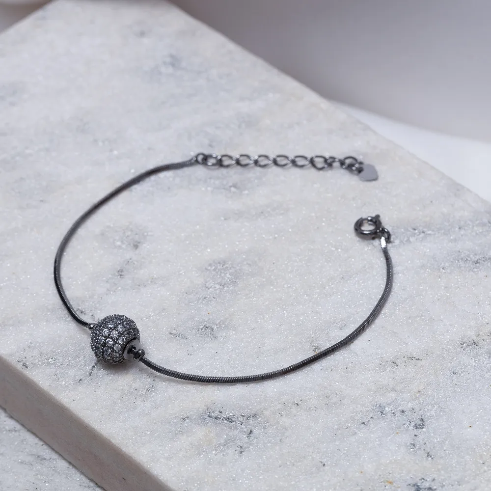 PULSEIRA COM BOLA CRAVEJADA ZIRCÔNIA BANHO RÓDIO NEGRO