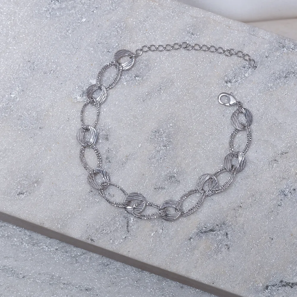 PULSEIRA ELOS DUPLOS RISCADOS BANHO RODIO BRANCO