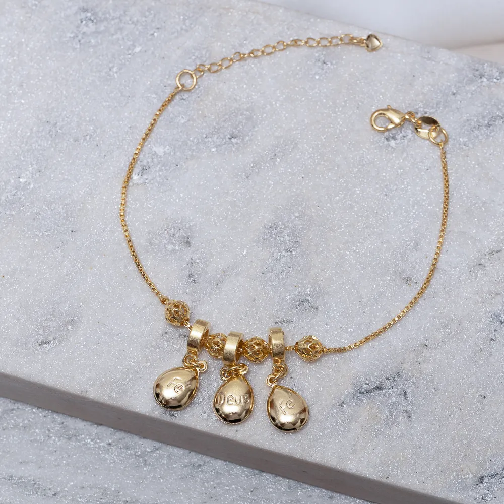 PULSEIRA ESTILO BERLOQUE FÉ E DEUS BANHO OURO 18K