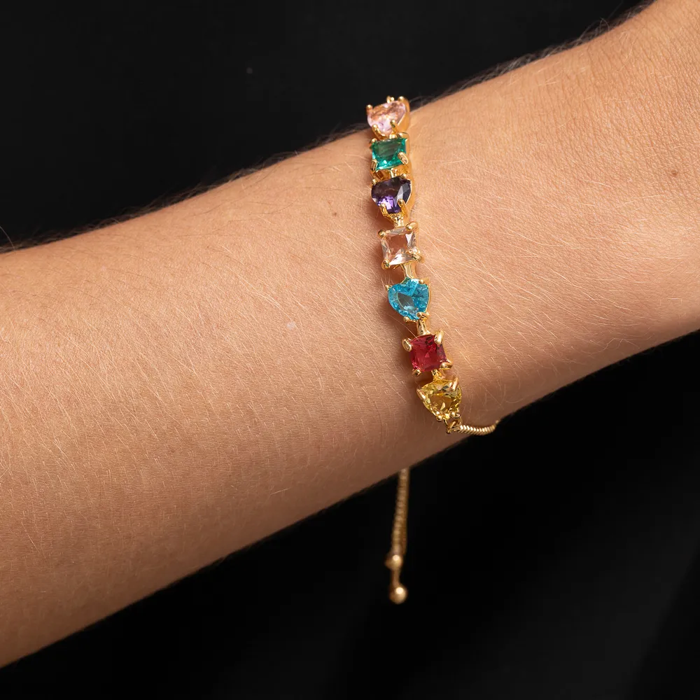 PULSEIRA CORAÇÃO COM PEDRAS COLORIDAS FECHO GRAVATINHA BANHO OURO 18K