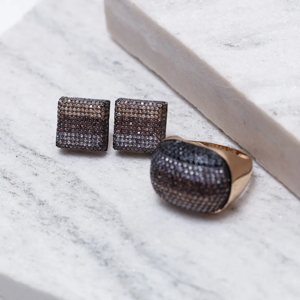 CONJUNTO BRINCO E ANEL 5 CORES BANHO OURO 18K