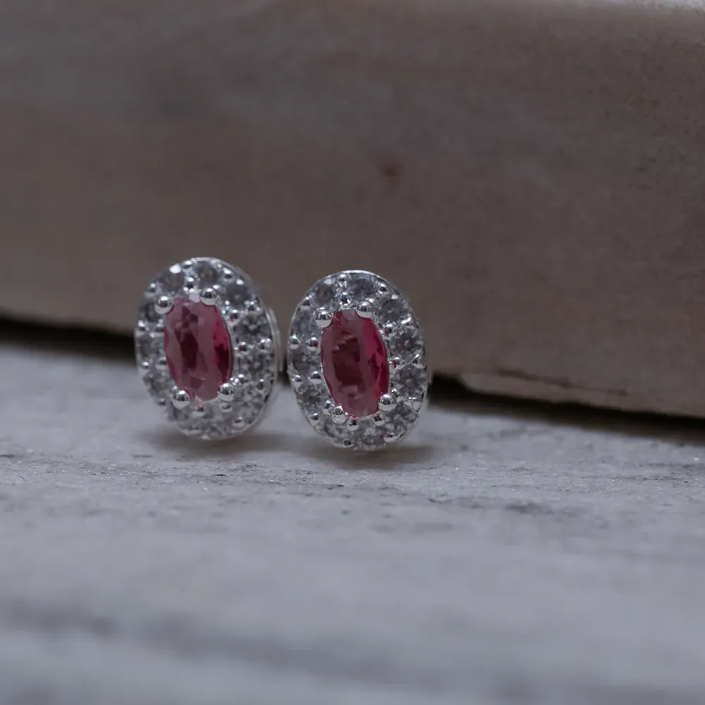 BRINCO PONTO LUZ OVAL PEDRA ROSA CLARO BANHO PRATA