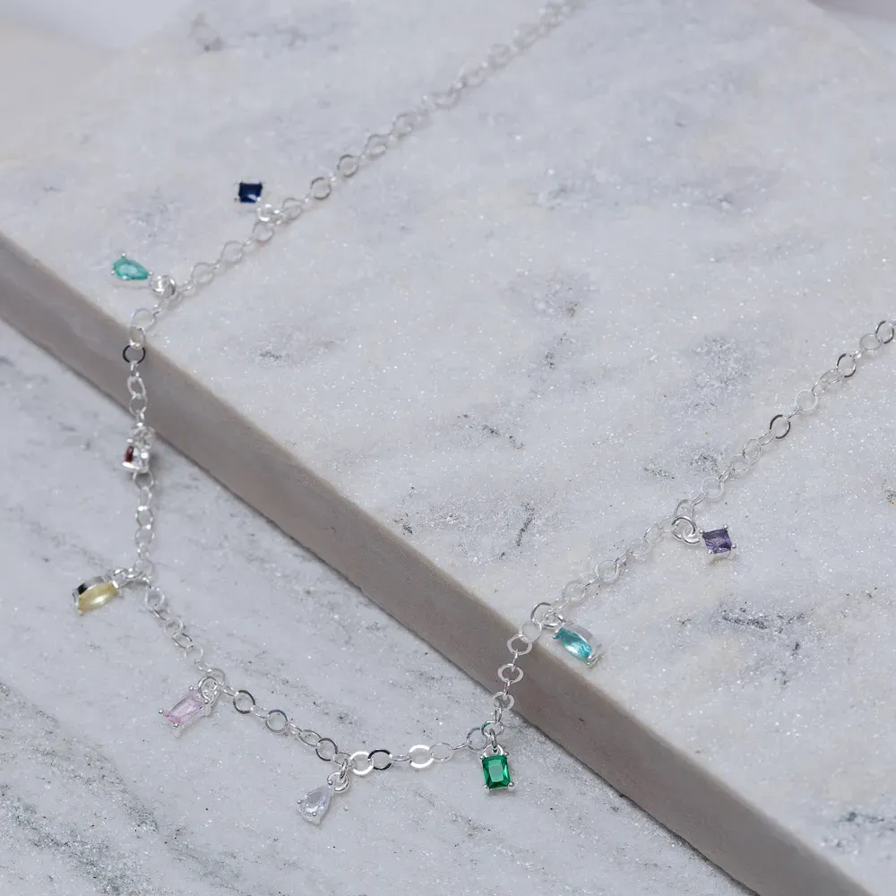 CHOKER PINGENTES COM PEDRAS COLORIDAS BANHO PRATA