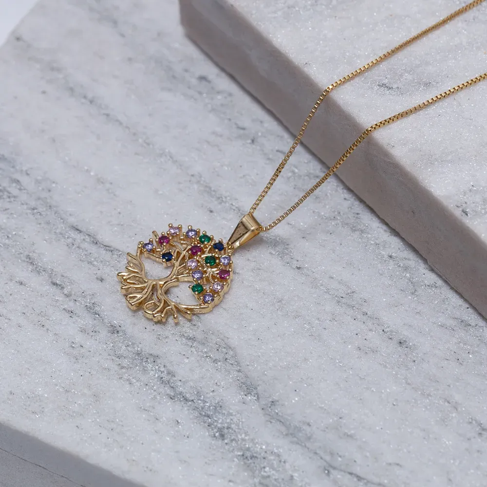 COLAR ÁRVORE DA VIDA COM ZIRCÔNIAS COLORIDAS BANHO OURO 18K