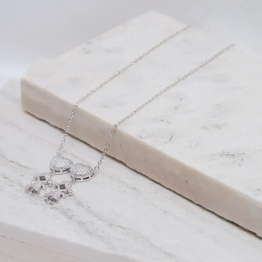 COLAR FILHAS MENINAS COM CANETA RÓDIO BRANCO BANHO RÓDIO BRANCO