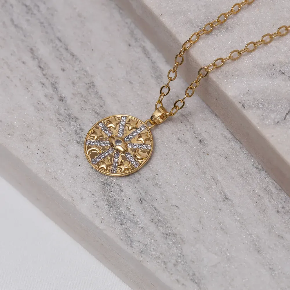 COLAR MEDALHA OLHO GREGO COM ZIRCÔNIAS CRISTAIS BANHO OURO 18K