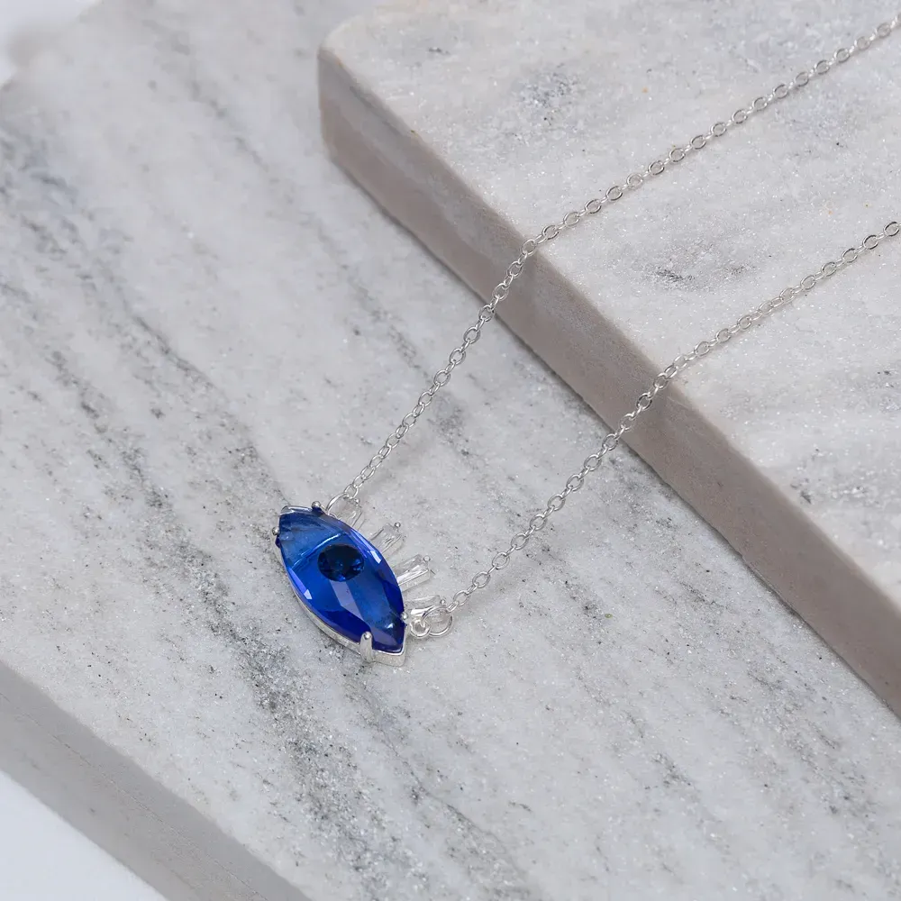 COLAR OLHO GREGO COM PEDRA AZUL ROYAL BANHO PRATA