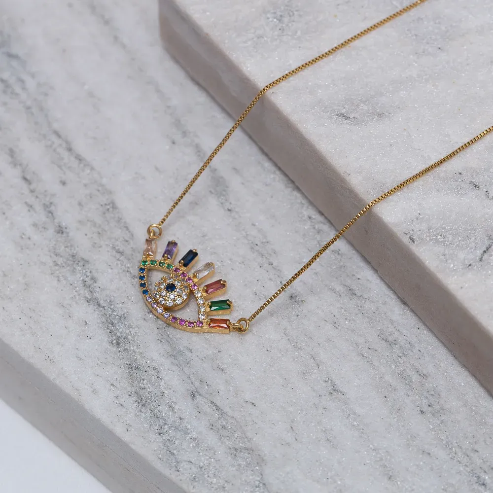 COLAR OLHO GREGO COM ZIRCÔNIAS COLORIDAS BANHO OURO 18K