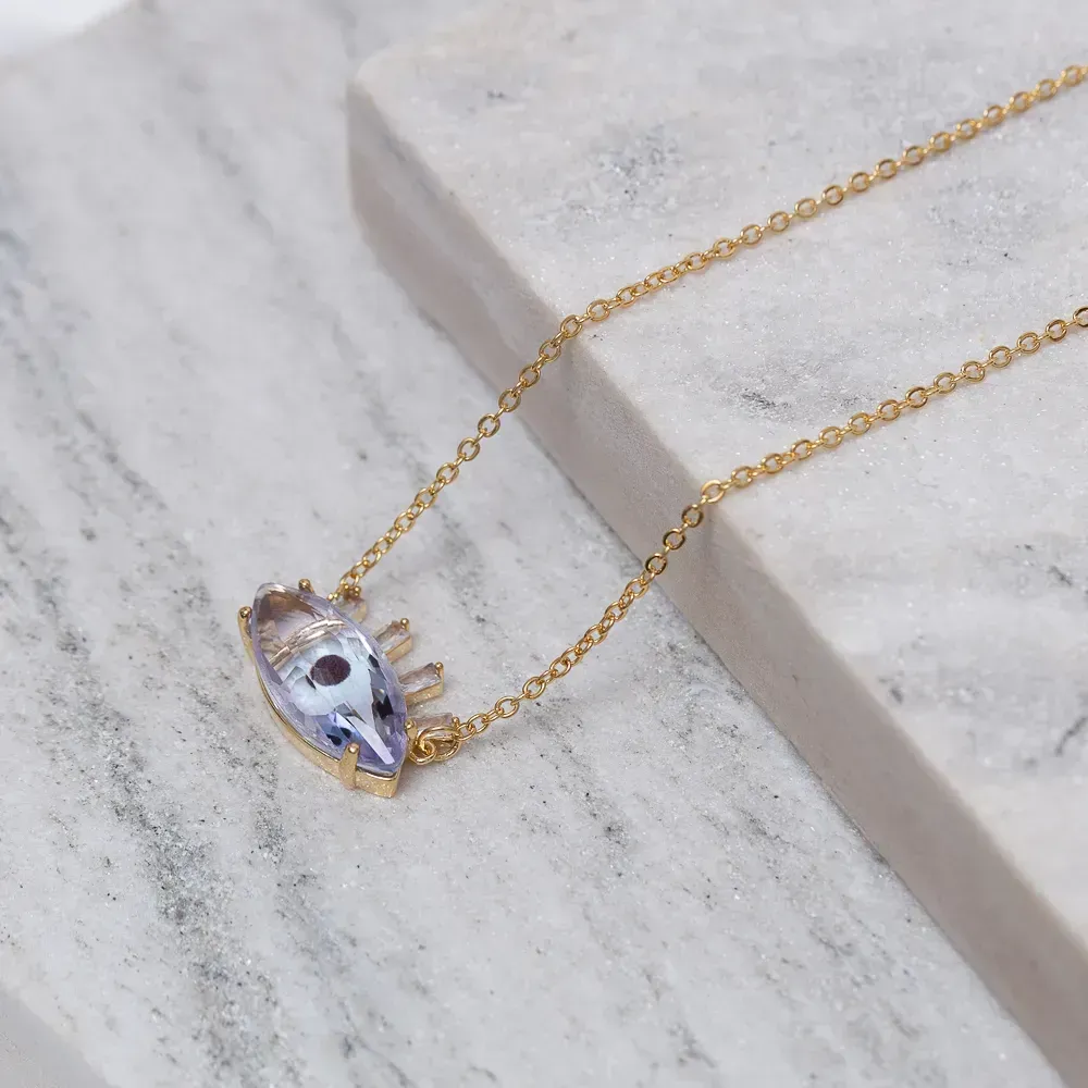 COLAR OLHO GREGO COM PEDRA LILÁS BANHO OURO 18K
