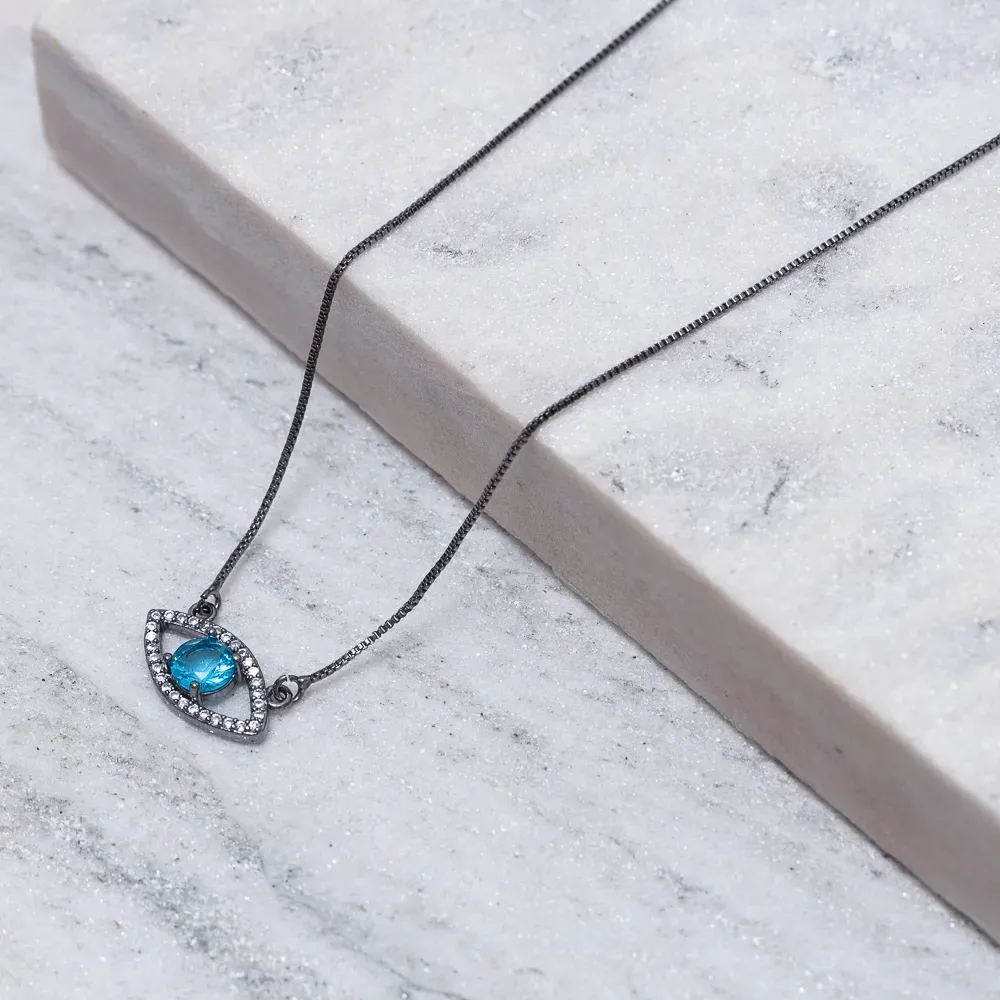 COLAR OLHO GREGO COM ZIRCÔNIA AZUL BANHO RÓDIO NEGRO