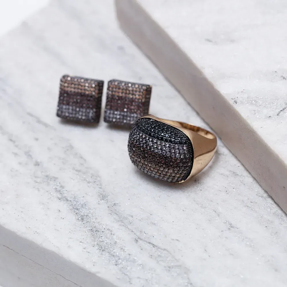 CONJUNTO BRINCO E ANEL 5 CORES BANHO OURO 18K