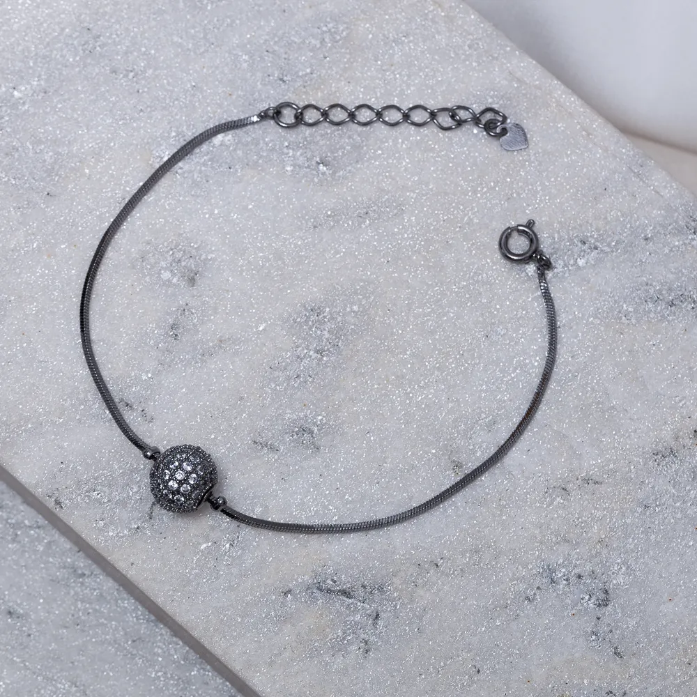 PULSEIRA COM BOLA CRAVEJADA ZIRCÔNIA BANHO RÓDIO NEGRO