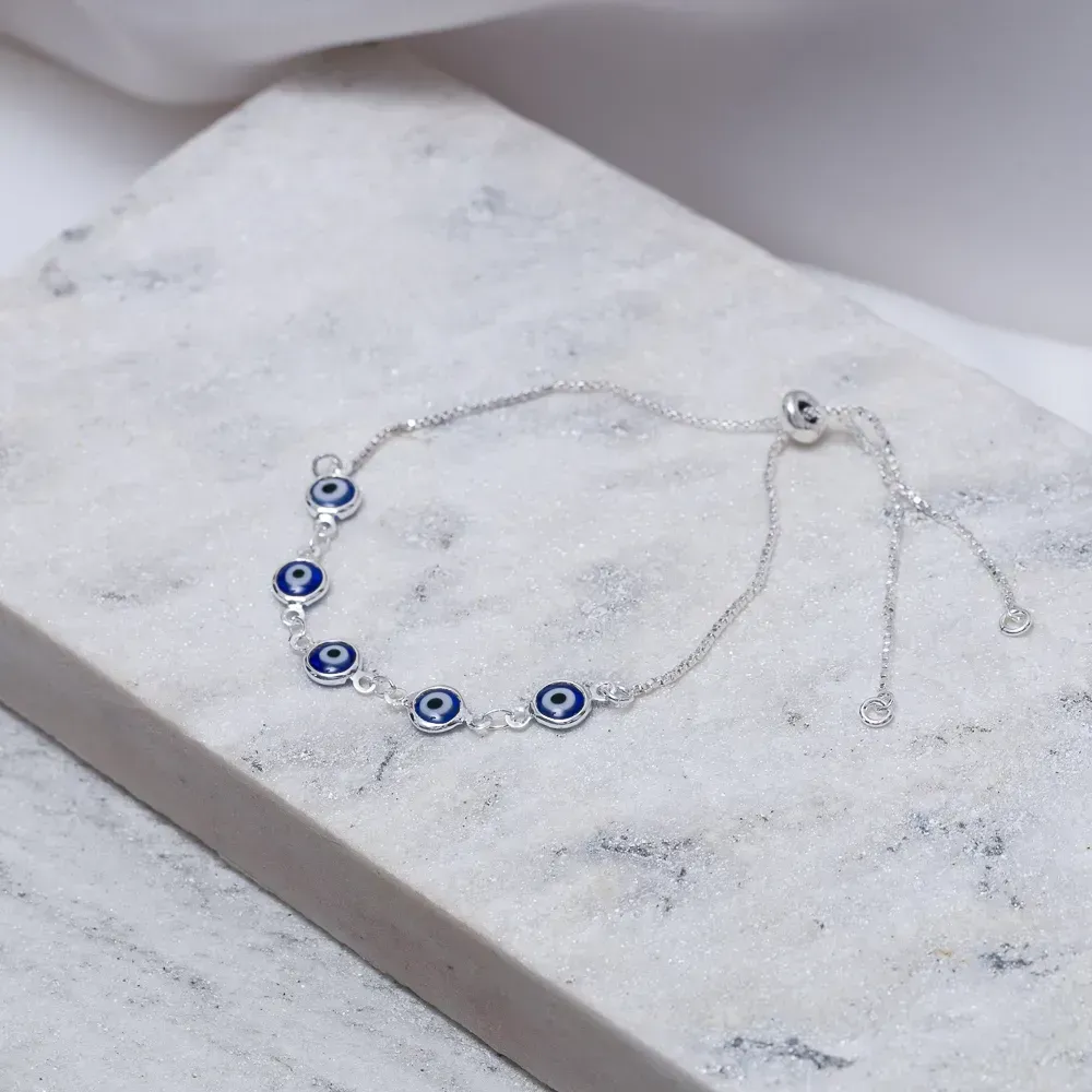 PULSEIRA OLHO GREGO AZUL FECHO GRAVATA BANHO PRATA