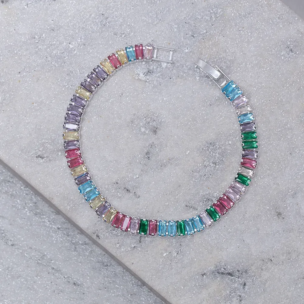PULSEIRA RIVIERA COM ZIRCÔNIAS NAVETE COLORIDAS BANHO PRATA