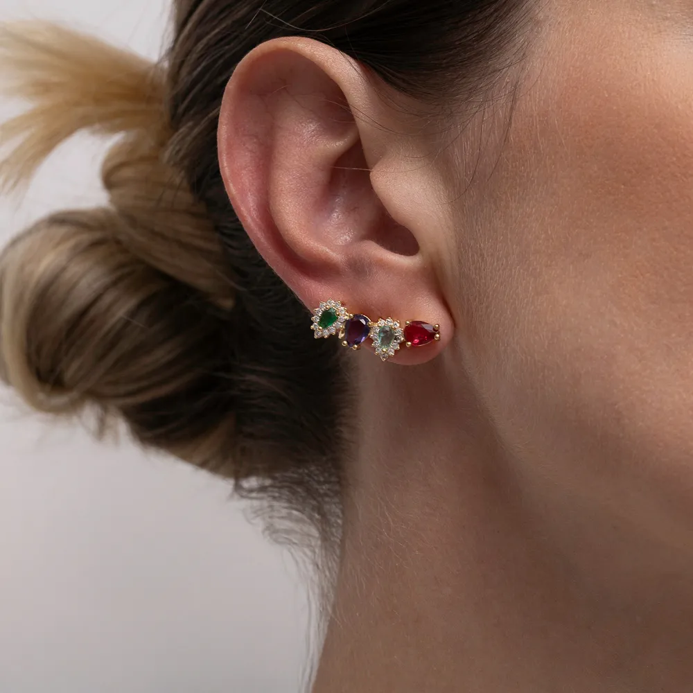 BRINCO EAR CUFF COM PEDRAS COLORIDAS BANHO OURO 18K