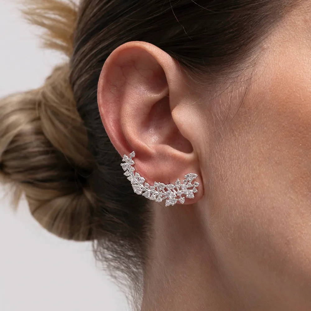 BRINCO EAR CUFF RAMOS COM ZIRCÔNIAS CRISTAIS BANHO PRATA