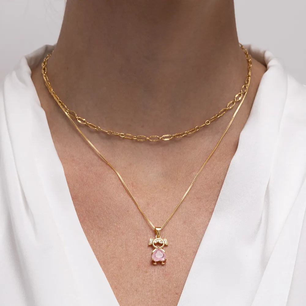 COLAR FILHOS MENINA COM PEDRA ROSA IOGURTE BANHO OURO 18K