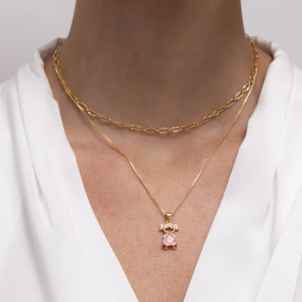 COLAR FILHOS MENINA COM PEDRA ROSA IOGURTE BANHO OURO 18K