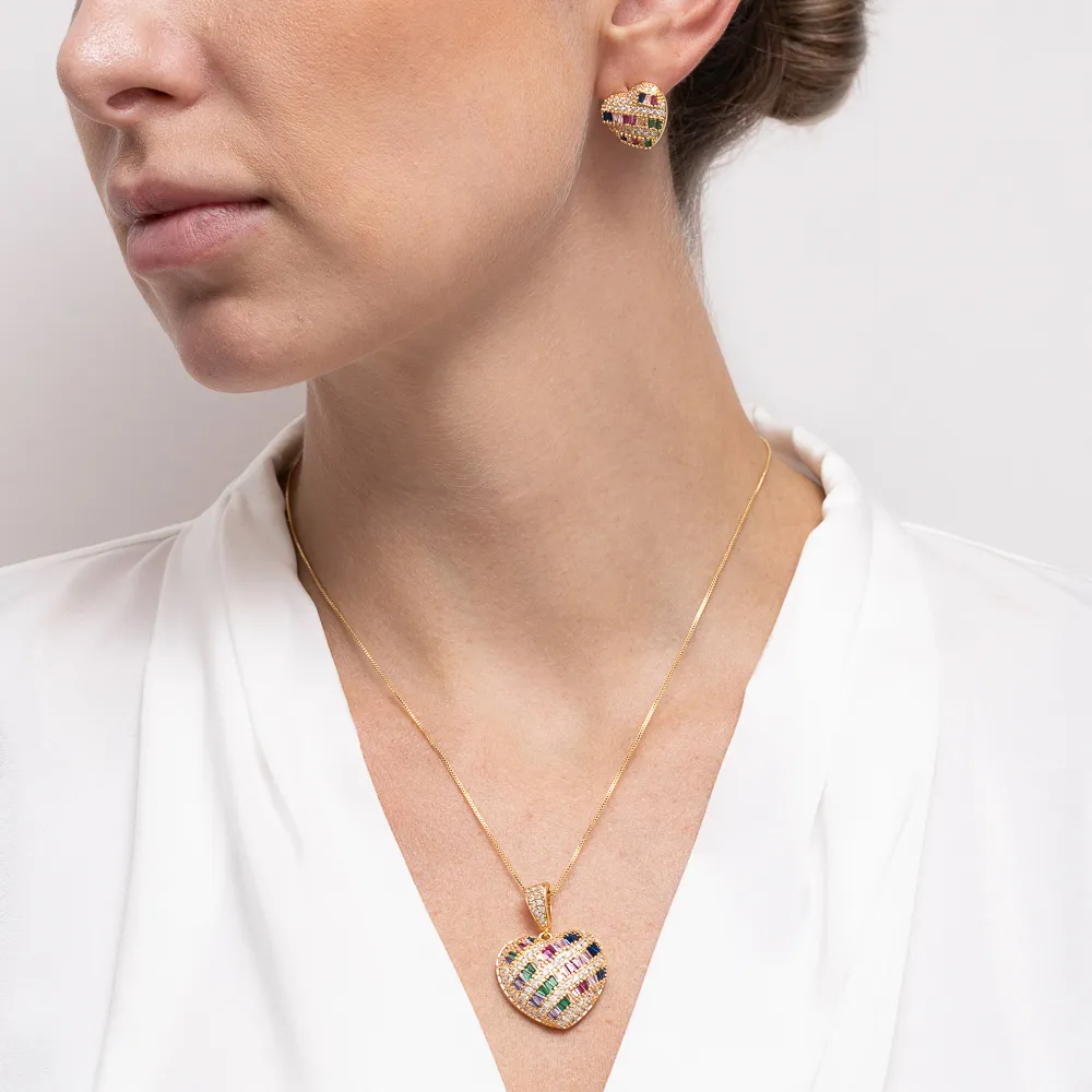 CONJUNTO CORAÇÃO COM ZIRCÔNIAS NAVETE COLORIDAS BANHO OURO 18K