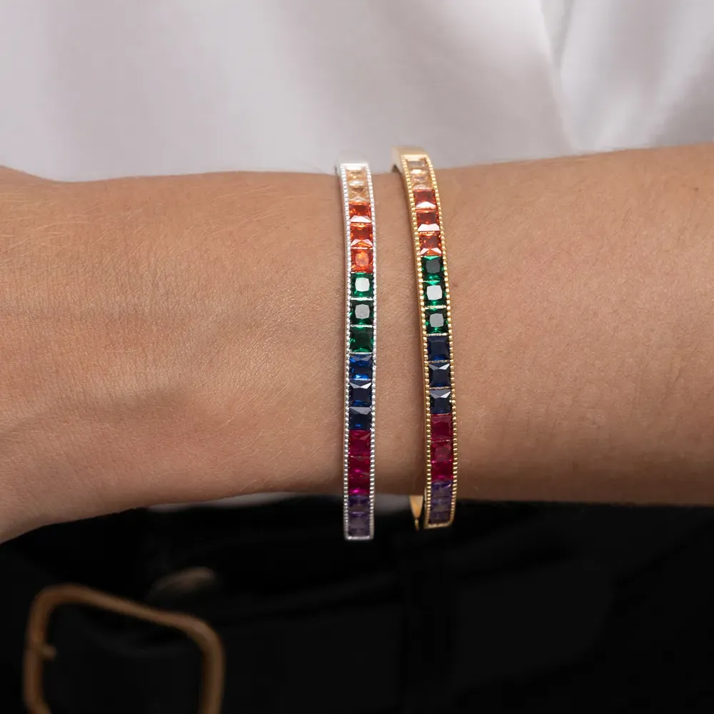 BRACELETE COM ZIRCÔNIAS NAVETE COLORIDAS BANHO OURO 18K