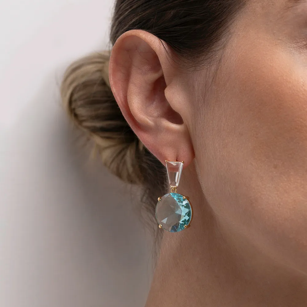BRINCO FESTA DELICADO COM PEDRAS CRISTAL E AZUL CLARO BANHO OURO 18K