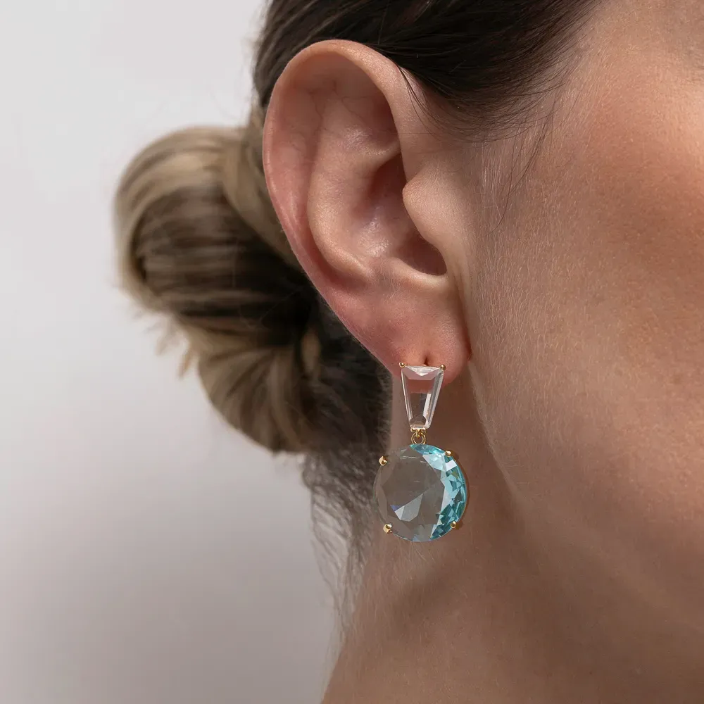 BRINCO FESTA DELICADO COM PEDRAS CRISTAL E AZUL CLARO BANHO OURO 18K