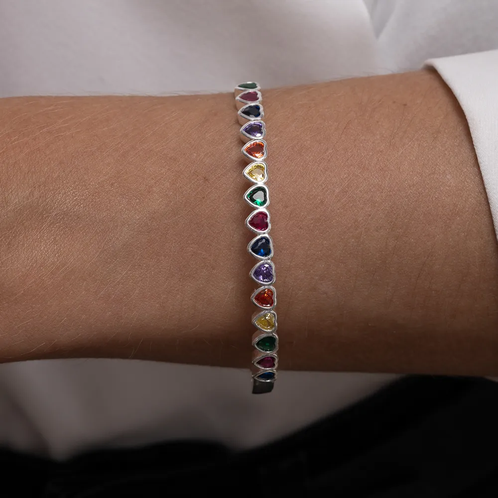 BRACELETE CORAÇÃO COM PEDRAS COLORIDAS BANHO PRATA