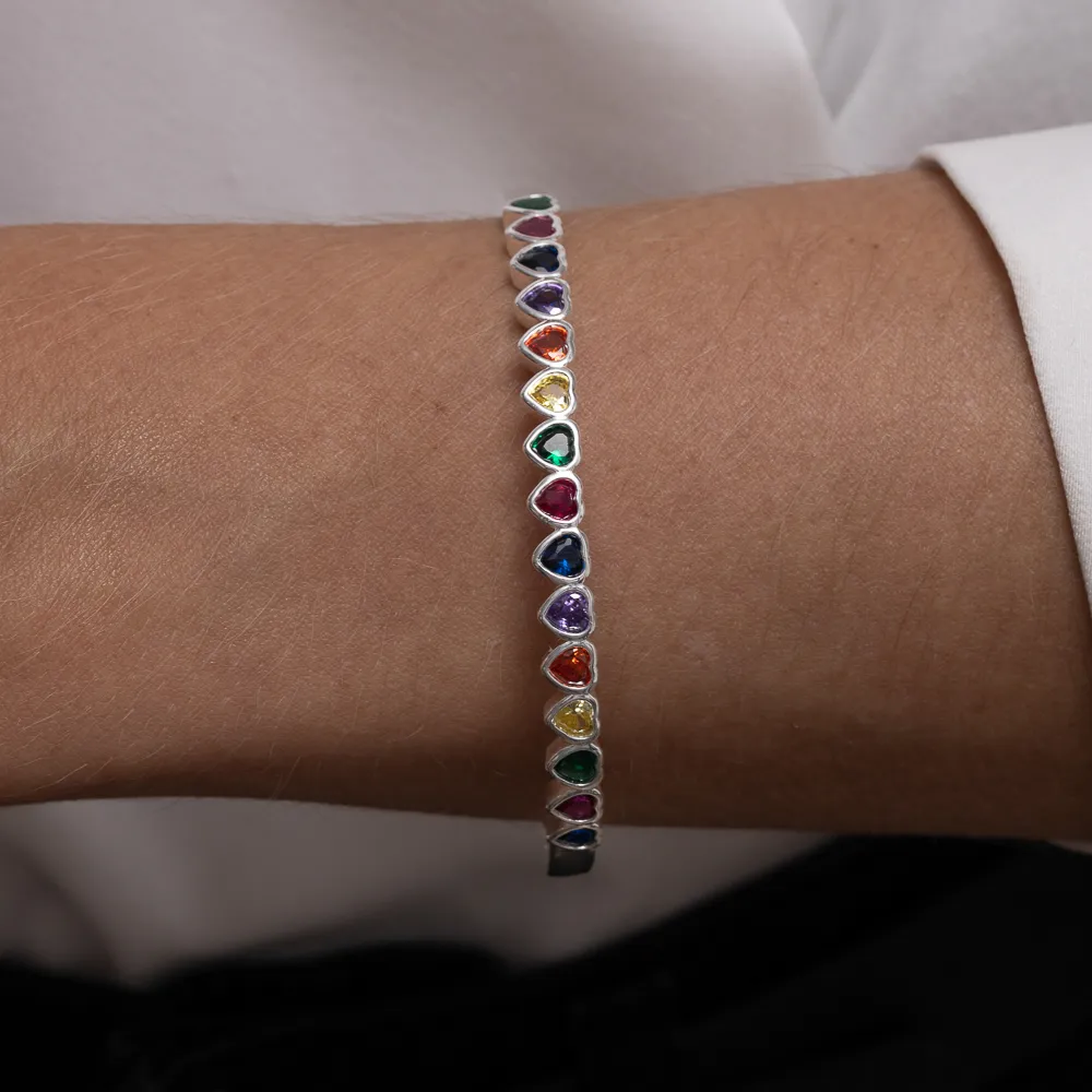 BRACELETE CORAÇÃO COM PEDRAS COLORIDAS BANHO PRATA