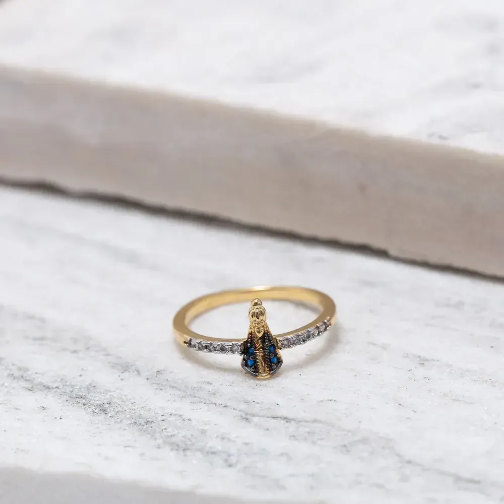 ANEL NOSSA SENHORA FINO CRAVEJADO BANHO OURO 18K