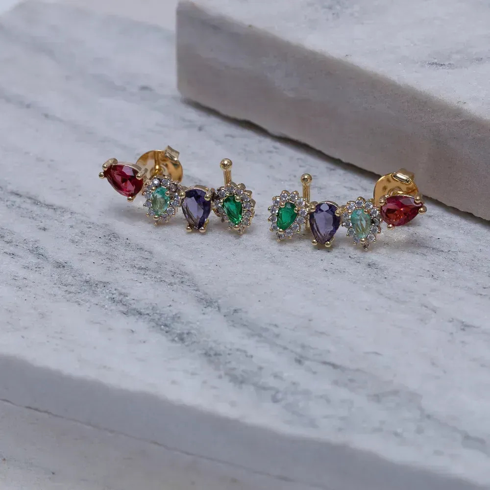 BRINCO EAR CUFF COM PEDRAS COLORIDAS BANHO OURO 18K