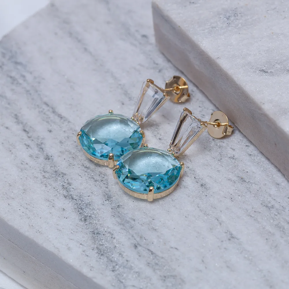 BRINCO FESTA DELICADO COM PEDRAS CRISTAL E AZUL CLARO BANHO OURO 18K