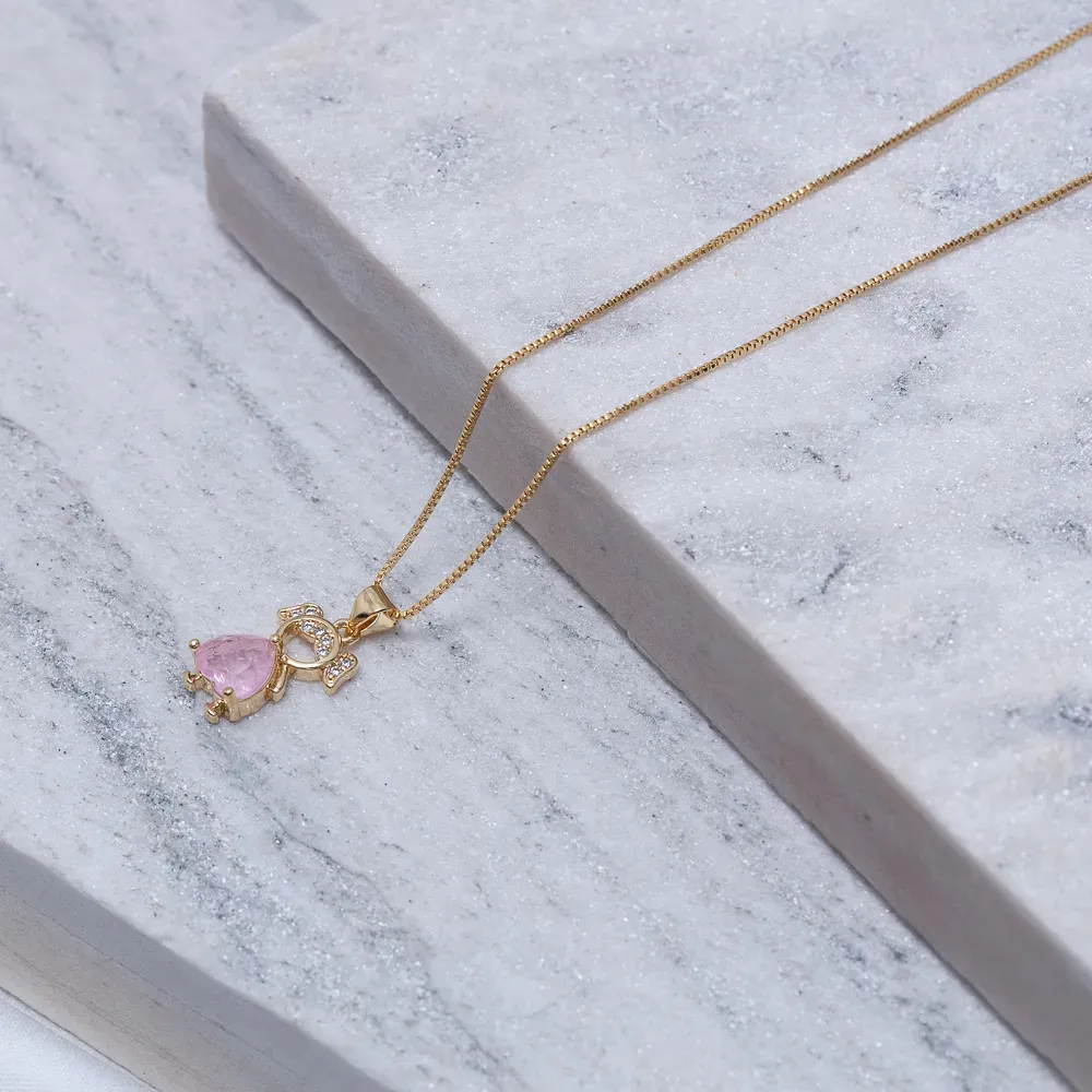 COLAR FILHOS MENINA COM PEDRA ROSA IOGURTE BANHO OURO 18K