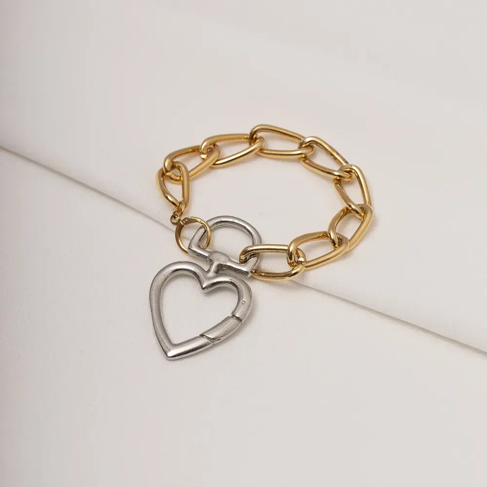 PULSEIRA CORRENTE COM FECHO CORAÇÃO RÓDIO BRANCO BANHO OURO 18K