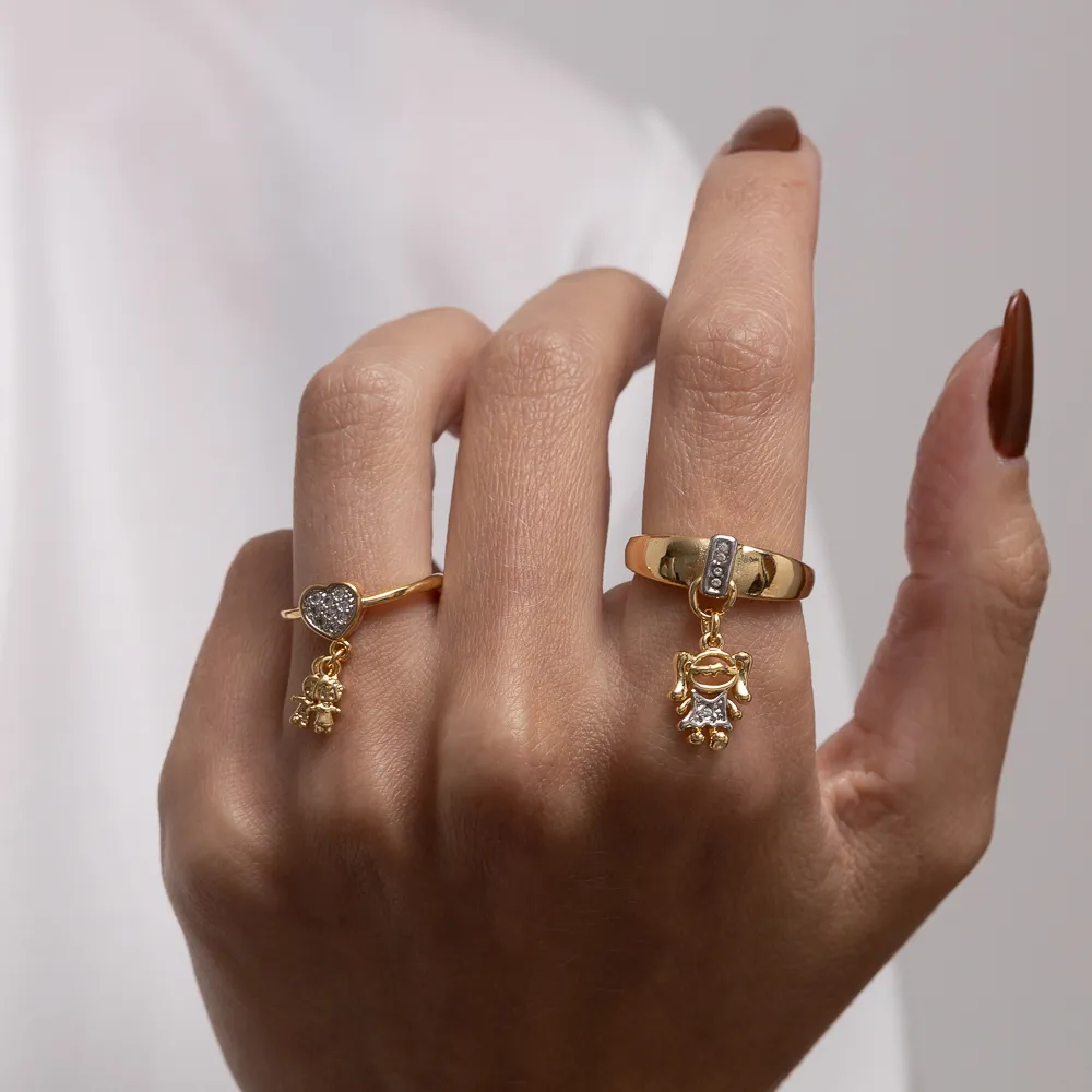 ANEL FILHOS MENINA COM CANETA RÓDIO BRANCO BANHO OURO 18K