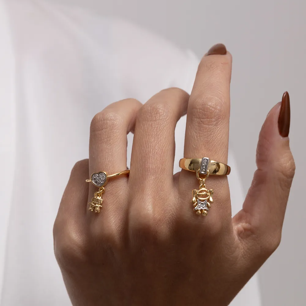 ANEL FILHOS MENINA COM CANETA RÓDIO BRANCO BANHO OURO 18K