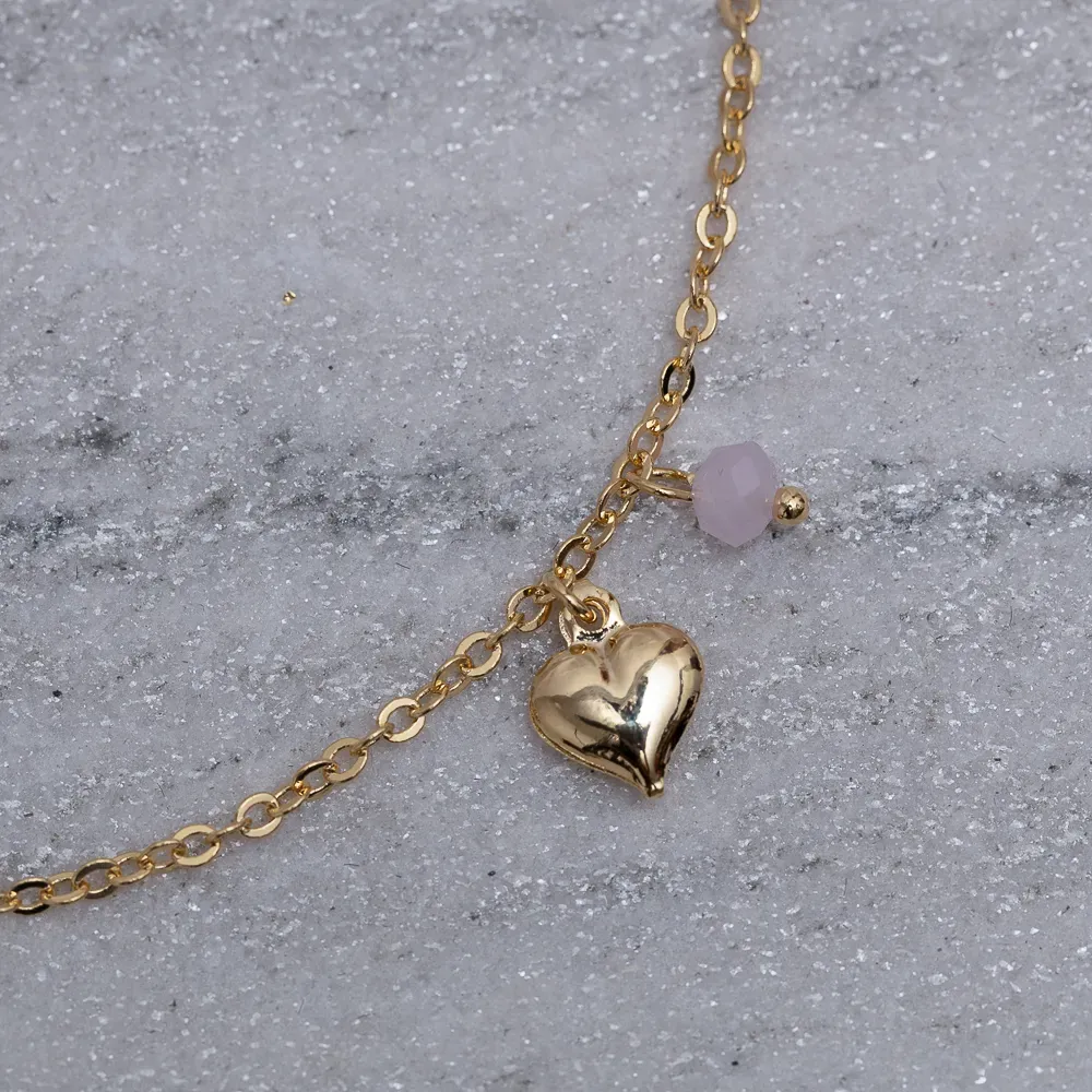 TORNOZELEIRA CORAÇÃO COM CRISTAL ROSA BANHO OURO 18K