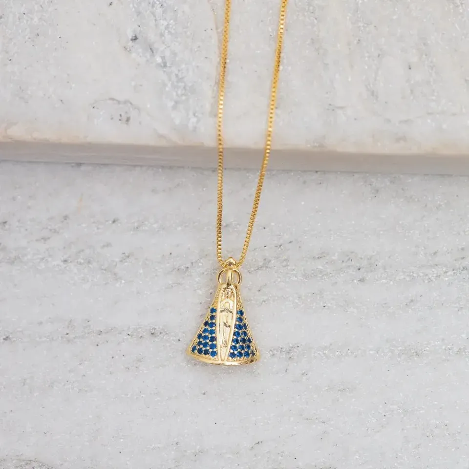COLAR NOSSA SENHORA M COM ZIRCÔNIAS AZUL BANHO OURO 18K