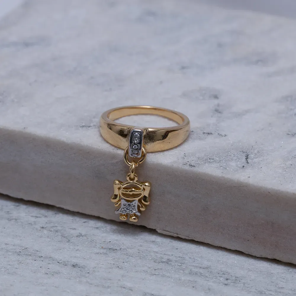 ANEL FILHOS MENINA COM CANETA RÓDIO BRANCO BANHO OURO 18K